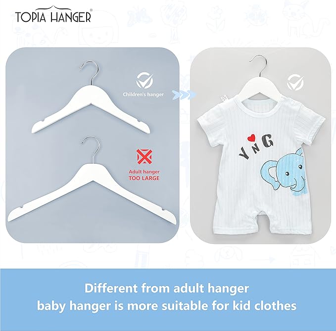 TOPIA HANGER Baby Clothes Hangers for Closet, White Children Kids Wooden Coat Hangers with 360° Stronger Swivel Hook and Extra Smoothly Cut Notches, 10 Pack-CT09W