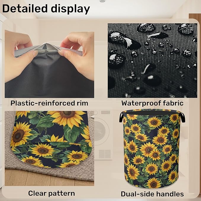 Sunflower Laundry Basket with Handles - Extra Large Foldable Hamper for Bathroom/Laundry/Bedroom/Dorm, Washable Fabric Storage Bin