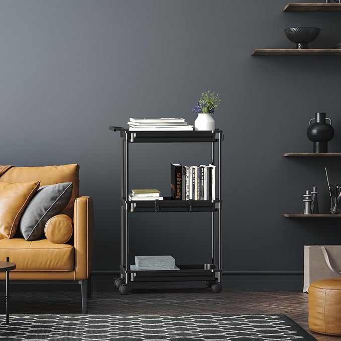 SimpleHouseware Standard 3-Tier Slim Rolling Storage Cart, Black
