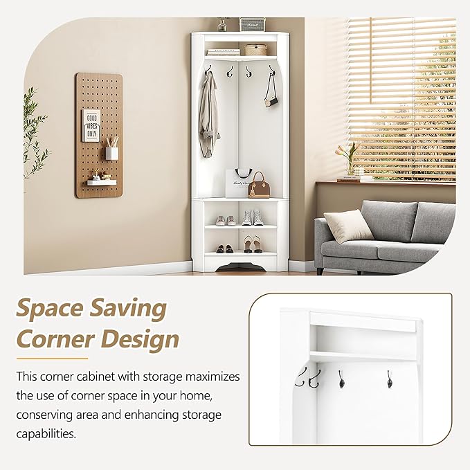 Linique Minimalist Corner Hall Tree with Shoe Bench,Versatile Entryway Coat Rack with 4 Hooks,Corner Cabinet with Adjustable Shoe Shelf for Hallway,Living Room,White,29.5''W*71.6''H