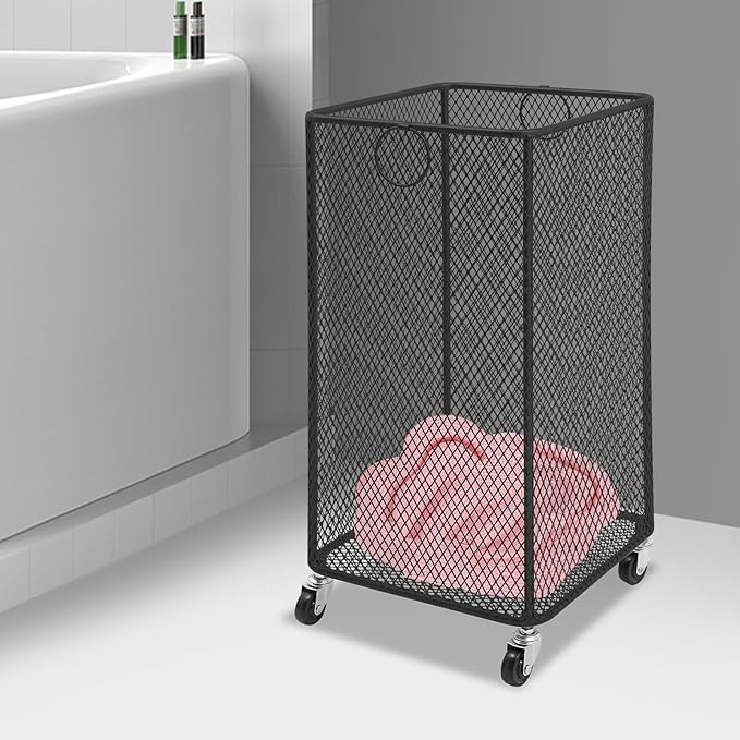 Laundry Basket on Wheels, Large Rolling Laundry Hampers, Stackable Storage Cart with Handles Removable Wire Organizer Baskets Clothing Sorting Rack (Black, Square)