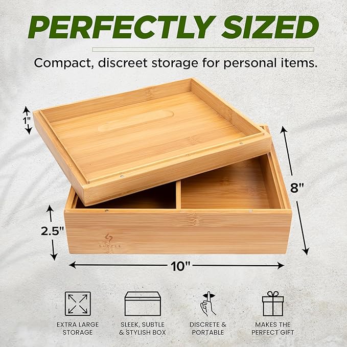 Subtle Rolling Tray Stash Box - Large Bamboo Box w/Ample Storage Space to Organize Herb Accessories - Comes with Convertible Rolling Tray Lid - (10" x 8" x 3.5")