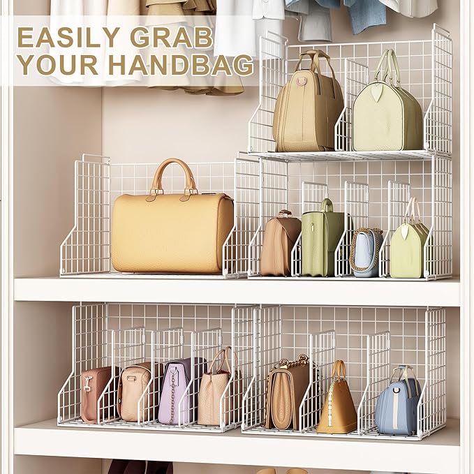 Sonyabecca Purse Storage Organizer for Closet : Adjustable 2-Pack Dividers Handbag Organizer - Stackable Wire Handbags Storage Baskets -Open Cabinets Wallets Tote Chain Bags Clutches -White