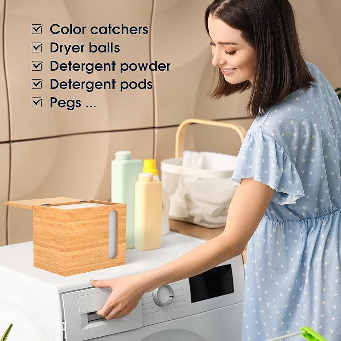 YAJR Laundry Dryer Sheet Holder with Lid, Bamboo Dryer Sheet Dispenser with Clear Window, Dryer Sheet Container for Laundry Room, Farmhouse Laundry Sheet Holder