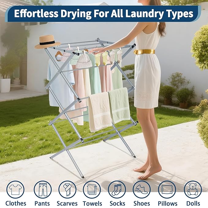 Whitmor Foldable Clothes Drying Rack: 3 Tier Laundry Drying Rack, Collapsible Drying Rack Clothing, Portable Space Saving Clothing Rack for Indoor Outdoor, 22.6" L × 14.6" W × 41.3" H, Gray