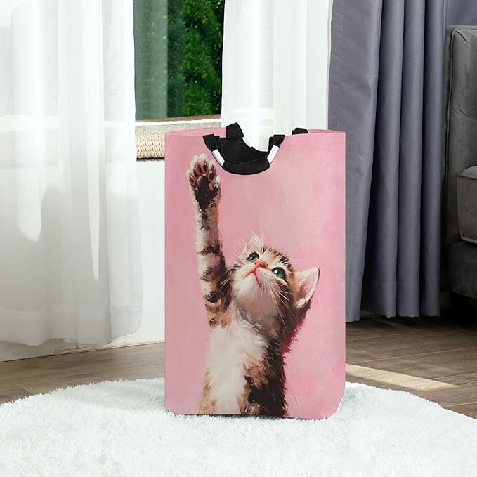 xigua Kitten Large Laundry Hamper with Handle, Foldable Clothes Hamper Collapsible Storage Basket for Toys and Clothes Organization in Bedroom, Bathroom, and Laundry Room