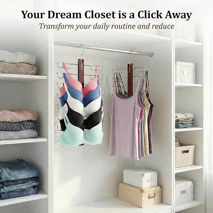 HOUSE DAY Tank Top Hanger, Dual-Row 5 Tier Space Saving Bra Hanger, Premium Lotus Wood Non-Slip Hangers with 360° Swivel Hooks, Closet Organizer for Sports Bras & Tank Tops, Cami (Mahogany 1 Pack)