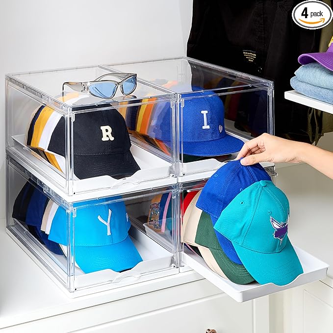 Vtopmart 4 Pack Hat Organizer for Baseball Caps, Clear Hats Holder Box with Drawer, Large Cap Storage with Sliding Tray, Stackable Rack Display Case with Magnetic Door, Each Holds 12 Hats