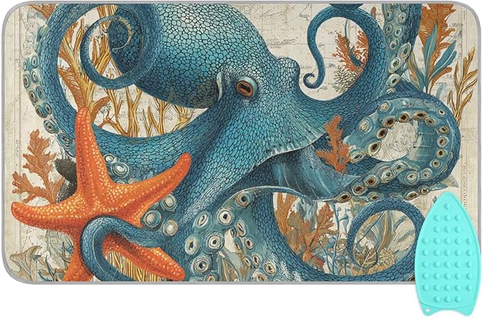 Ironing Mat Pad for Table Portable Travel Iron Blanket Ironing Board Covers Pressing Mat Heat Press Pads 27.6x47.2 Inches Retro Octopus Starfish Map Beige34