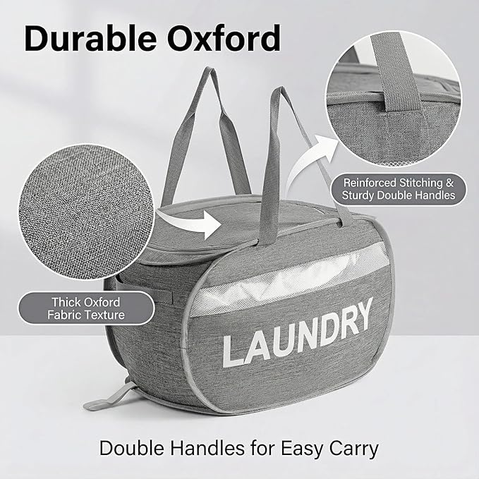Foldable Laundry Basket with Lid, Oxford Cloth Reinforced Steel Ring Collapsible laundry hamper, 70L Breathable Mesh Dirty clothes hamper with Dual Handles for Home, Dorm, Apartment