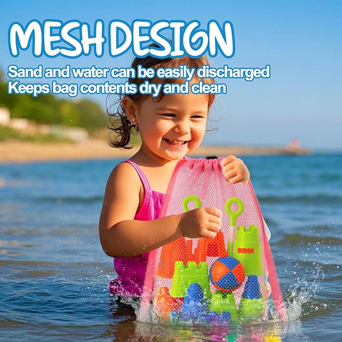 Palksky Large Mesh Beach Bag for Kids,3Pack Drawstring Sand Beach Toy Bag, Mesh Backpack for Beach, Shell Bags for Beach, Toddler Beach Essentials, Toy Not Included