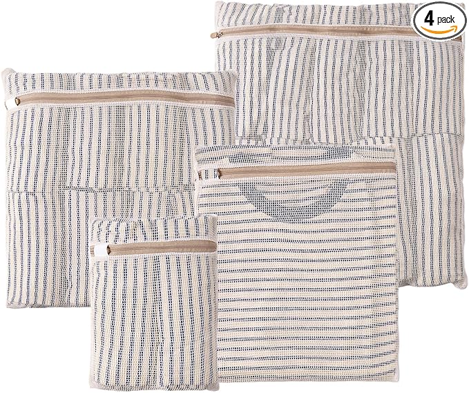 HEAVYWOOD 4-Piece Cotton Mesh Landry Bag Organic Wash Bag for Washing Machine Lingerie Bags for Washing Delicates with Sturdy Anti-Rust Zipper Clothes Washing Bag (4Bags)