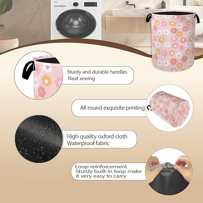 60s Groovy Flowers Laundry Basket,Pink Floral Clothes Hamper,Oxford Cloth Collapsible Nursery Hamper Storage Organization for Bedroom,Bathroom,Office,College Dorms,16x20 Inch
