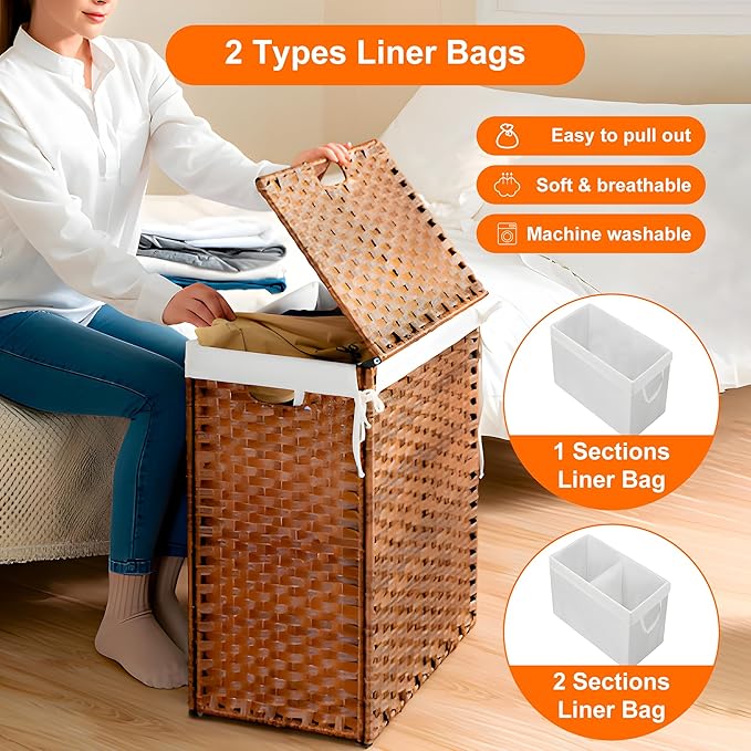 HYCHIKA Laundry Hamper with Lid, 26.4 Gallon (100 L) Wicker Laundry Basket with Removable Bags, Woven Clothes Basket for Bedroom, Bathroom (18.3" * 13.5" * 24")