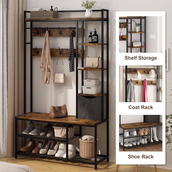 Hall Tree with Storage Bench, Coat Rack Freestanding, Entryway Bench with Storage, Coat Rack with Shoe Storage, 5-In-1 Hall Tree with 12 Hooks for Entryway, Hallway