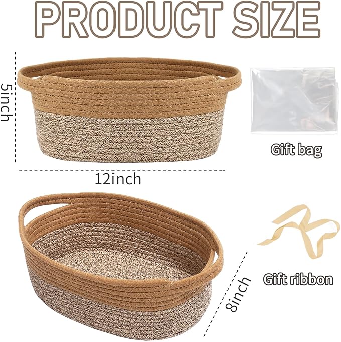 Woven Basket,Small Rope Storage Bin with Handles & Ribbon Bag, Organizer for Shelves Closets,Gift Basket Empty for Birthday,Books,Dog Toys, Jute&Brown