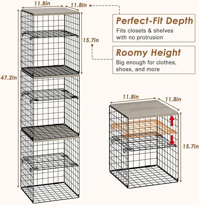 6-Tier Stackable Closet Organizers and Storage Basket, Set of 3 Closet Shelf Organizer with Adjustable Divider & Wood Top Board, Clothes Storage Bins for Wardrobe Organizer System, Space-Saving, Black