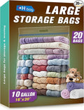 HIBAG 10 Gallon Large Storage Bags, 18” x 20” Resealable Clear Bags with Handle, Extra Large XL Heavy Duty for Clothes Pillow Travel Moving, Pack of 20