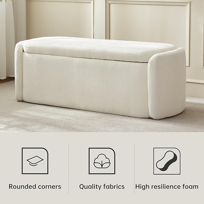 VKNOW Storage Ottoman Bench, 46" Upholstered Oval End of Bed Bench Ottomans Bench Foot Rest, Sherpa Storage Bench for Bedroom, Living Room and Hallway, Beige