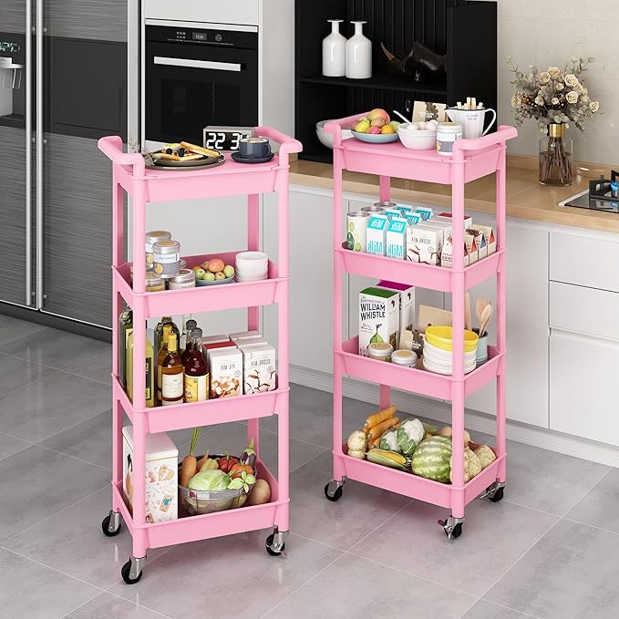 MIOCASA Utility Rolling Cart with Detachable Tray Top, 4-Tier Kitchen Storage Organization, Art Cart with Wheels for Office, Classroom, Livingroom, Kitchen, Bathroom (Pink, 4-Tier-Plastic)