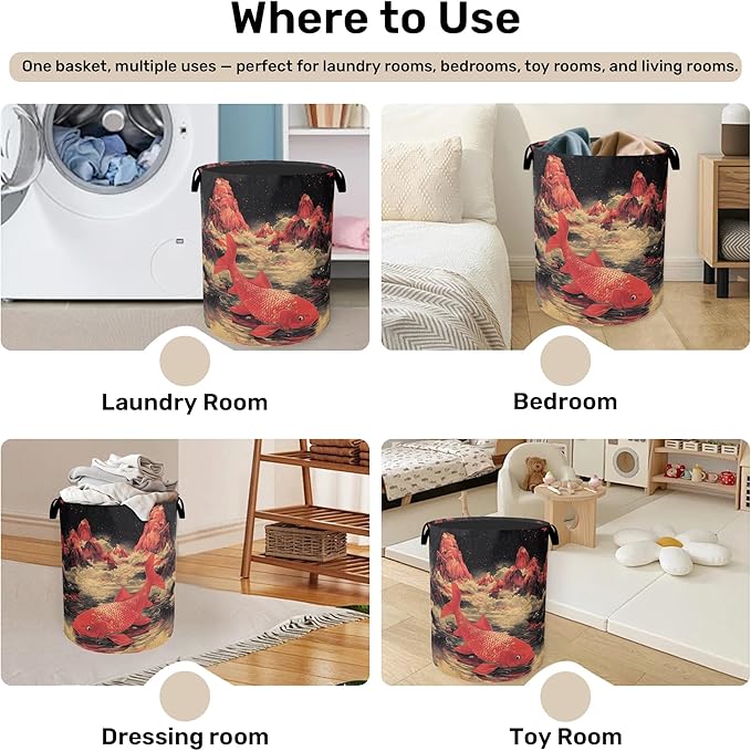 Japanese Style Red Fish Laundry Basket - Heavy Duty 60L Dirty Clothes Organizer, Water Resistant Foldable Hamper for Men Women
