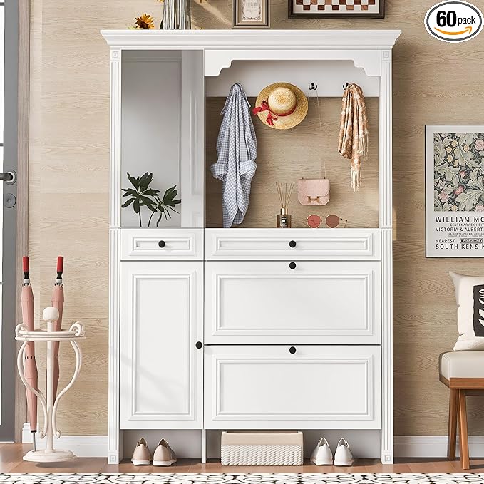 54.7'' Hall Tree with Integrated Shoe Cabinet and Mirrored Cabinet Door, 4-in-1 Design Entryway Coat Hanger with 2 Flip Drawers, 4 Hooks and 2 Cabinets for Entrance Living Room