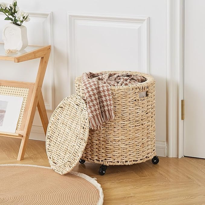 Wimarsbon Vintage Storage Basket, Multipurpose Rolling Hamper With Brakable Wheels and Lid, Braid Laundry Bin, Handwave Clothes Toy Organizer Tote for Living Room