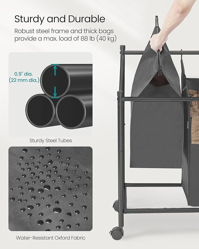 SONGMICS Rolling Laundry Sorter Basket with 4 Removable Bags, Laundry Hamper Cart, for Bedroom, Bathroom, 4 x 11.9 Gallons, Slate Gray URLS103G01