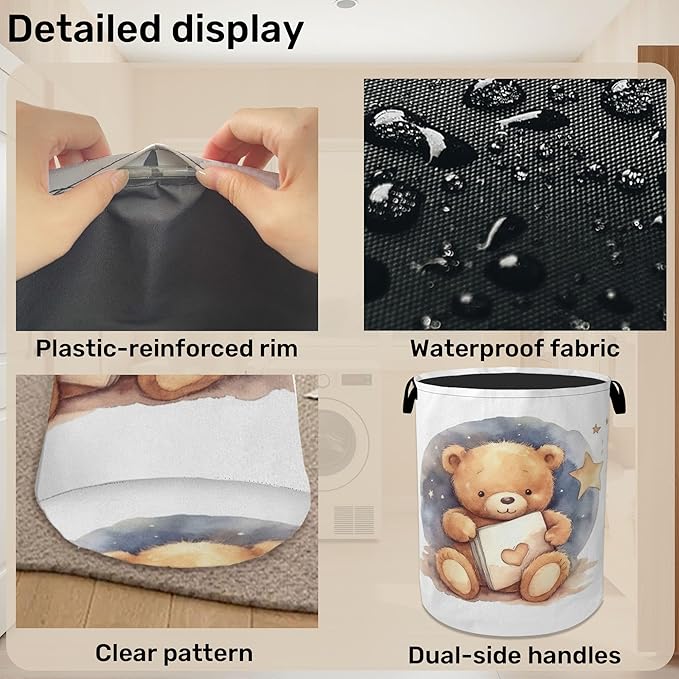 Cute Bear Good Night Foldable Canvas Laundry Basket with Handles - Toy Organizer, Heavy Duty for Home，Bedroom, Dorm, Bathroom