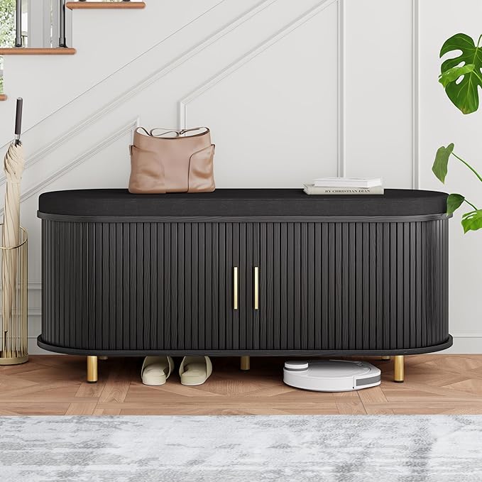 DHH 2-Tier Storage Bench, 43.3" Wide Shoe Bench with Thickened Padded Seat Cushion, Mid Century Modern Fluted Sliding Door and Adjustable Shelf, for Entryway, Living Room, Bedroom(Black)