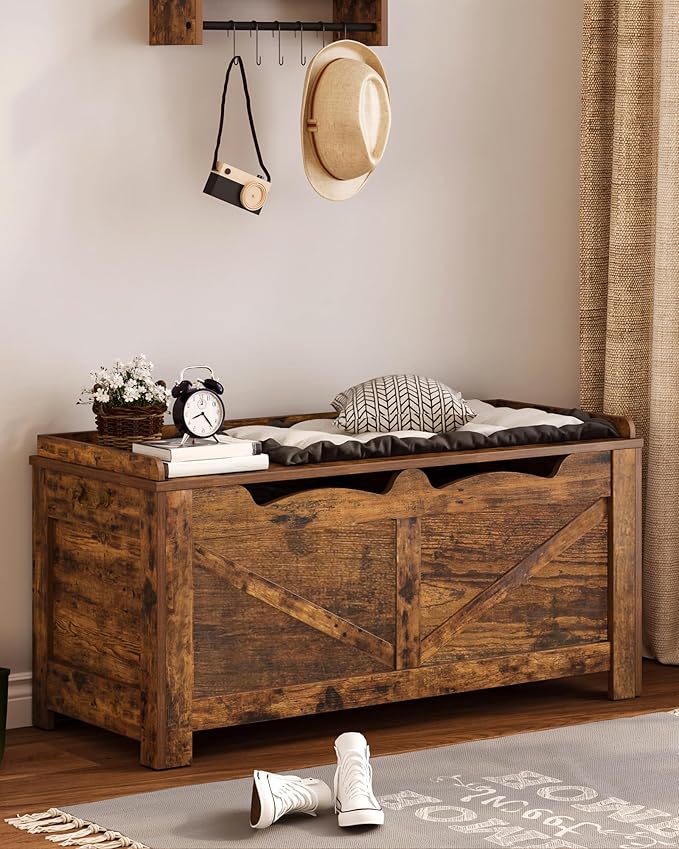 39.4" Storage Chest, Extra Large Storage Trunk with 2 Hinges, Wooden Box Bench, Lift-Top Organizer Chest, Shoe Bench for Entryway, Bedroom, Living Room, Rustic Brown SB04501X