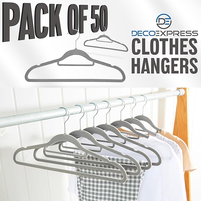 Deco Express Velvet Hangers, Space Saving Non Slip Coat Hangers for Clothes Multipack (Grey, 50 Pack)