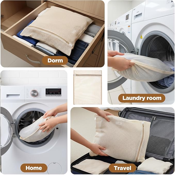 4 Pcs Cotton Mesh laundry Bags for Delicates 19.6×15.7 inch Large Organic Cotton Mesh Laundry Bags Durable Breathable with Zipper Garment Was Bag for Lingerie Underwear Baby Clothes Pants Socks