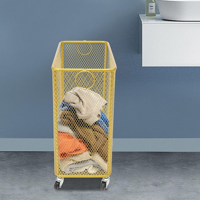 Wire Metal Rolling Laundry Basket On Wheels,Gold Mesh Wire Laundry Basket Storage Cart for Bathroom Bedroom Dirty Clothes Storage (I)