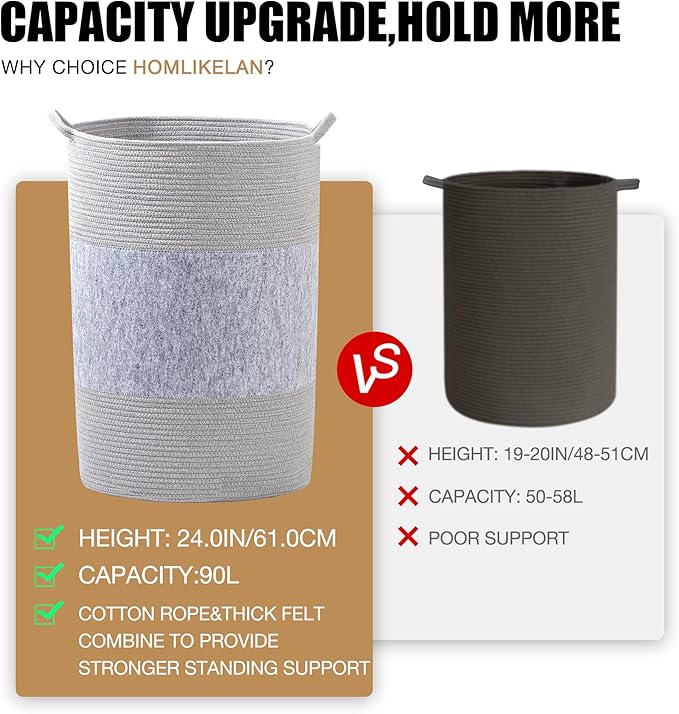 90L Jumbo Laundry Hamper,17" x 17" x 24" Extra Large Woven Laundry Basket for Blanket Storage, Tall Baby Nursery Hamper for Toys in Bedroom,Living Room Grey