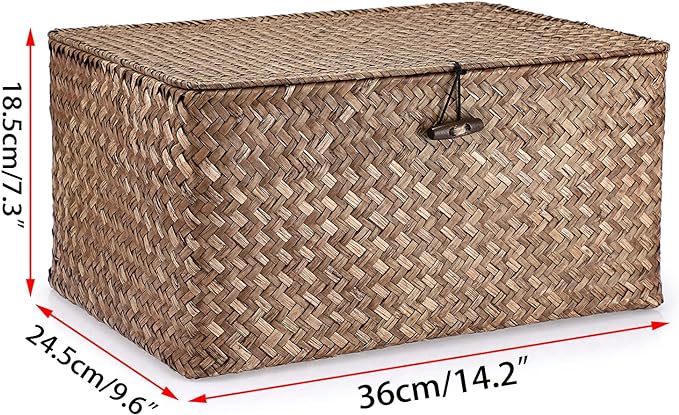 Hipiwe Wicker Shelf Baskets Bin with Lid, Handwoven Seagrass Basket Storage Bins Rectangular Household Basket Boxes for Shelf Wardrobe Home Organizer, Coffee Large
