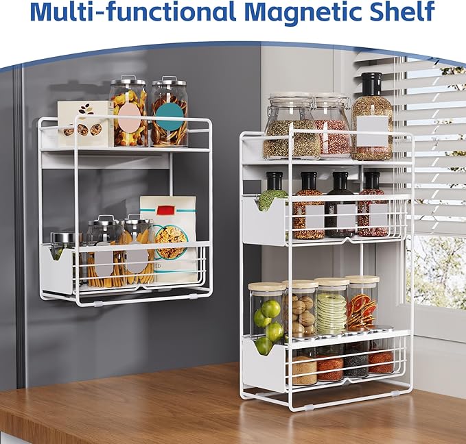 3 Tier Magnetic Shelves for Washing Machine with Pull Out Metal Drawer,Magnetic Spice Rack for Fridge,Magnetic Rack with no Installation, Versatile Storage Organizers for Home (White, 3 Tier)