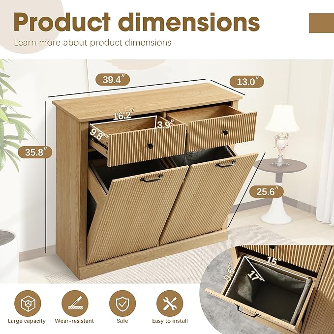 Grepatio Double Laundry Hamper, Tilt Out Laundry Hamper Cabinet, Fluted 22 Gallon Hidden Trash Can, Wooden Garbage Can Cabinet with 2 Drawer, Free Standing for Bathroom, Kitchen (Natural, Double)