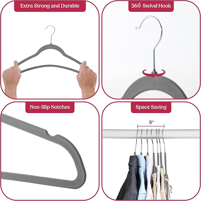 LDC Grey Velvet Hangers 50 Pack - Premium Non-Slip Clothes Coat Pants Felt Hanger for Closet - Heavy Duty Space Saving 360° Swivel Hook Hangars - Grey