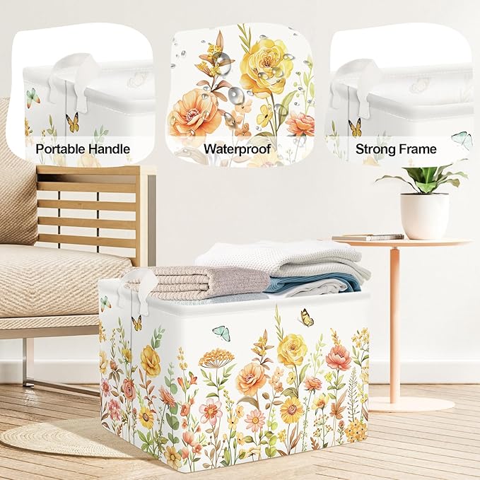 Colourful Flowers Laundry Hamper Large Storage Basket Floral Collapsible Adult Organizer Kids Toy Clothes Bins for Bedroom, Bathroom, Boho Plants, 36L