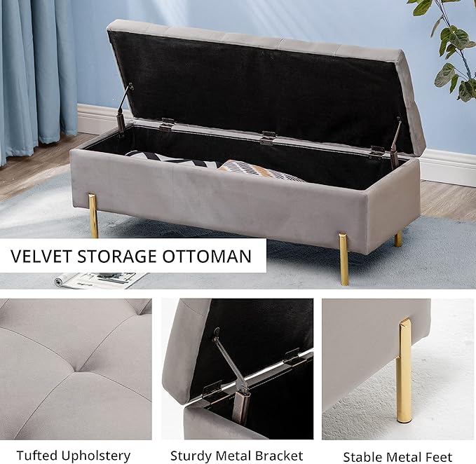 Andeworld Velvet Storage Bench, Modern Bedroom Bench, Upholstered Tufted Large Settee Ottoman with Storage Bench for Bedroom,Living Room,Entryway,Grey