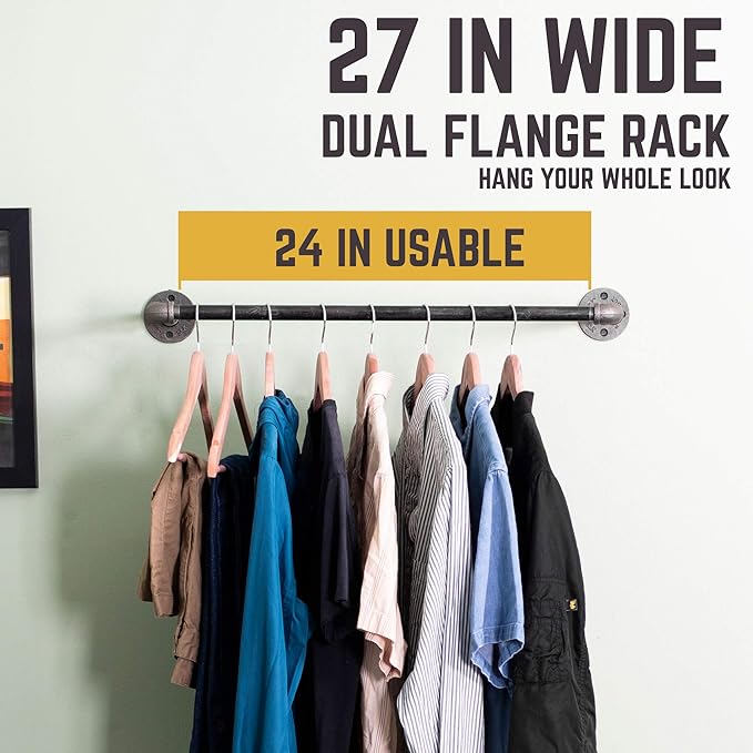 PIPE DECOR Industrial Pipe Wall Mounted Clothing Rack. Heavy Duty Rustic Vintage Steel Grey Black Metal