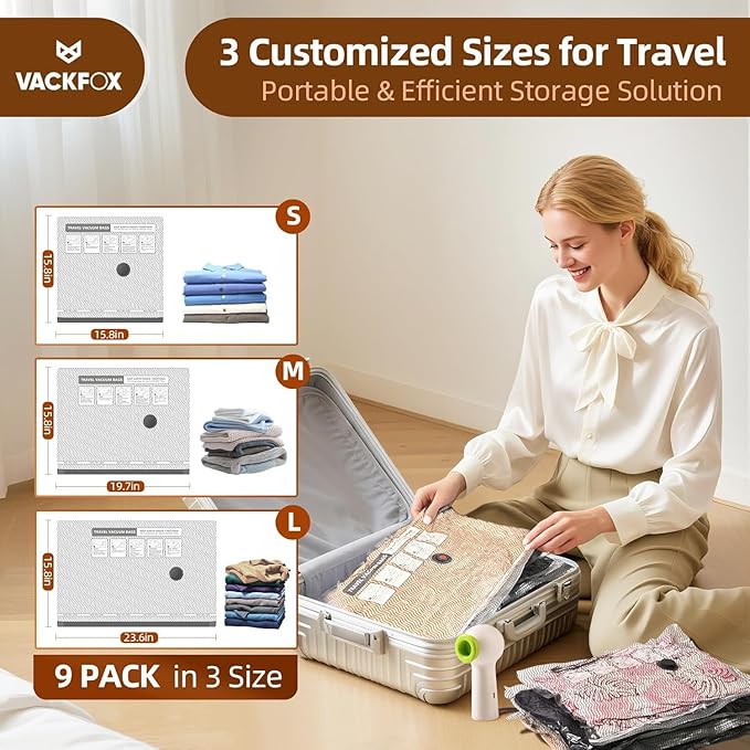 Travel Vacuum Storage Bags with Rechargeable USB Pump, 9 Pack Carry-On Size Compression Packing Bags for Luggage and Suitcase, Space Saver for Clothes and Clothing Travel