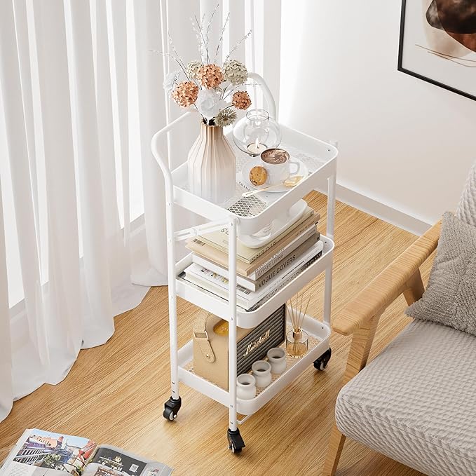 JAQ Foldable Rolling Cart, 3-Tier No Assembly Metal Utility Cart with Handle, Heavy Duty Folding Storage Trolley Organizer on Wheels for Kitchen, Office, Craft Art, Baby Diaper, Snacks, Books, White