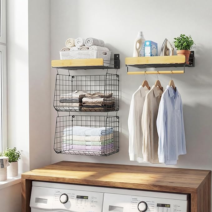 Wall Mounted Laundry Room Shelves, Wire Baskets with 8 Hooks and Hanging Rod, Over The Washer and Dryer Shelf, Drying Rack, Laundry Room Organizer and Storage, 2 Pack Black