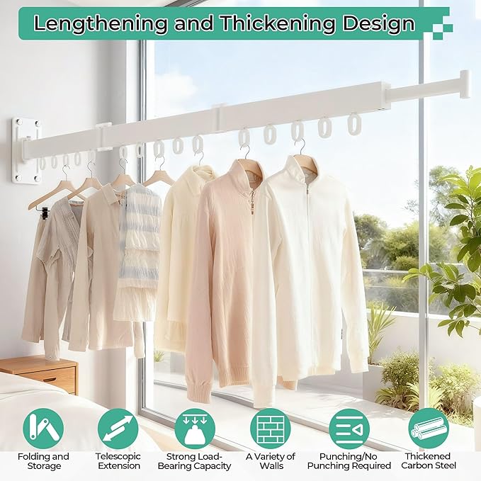 Wall Mounted Drying Rack,Foldable and Rotatable Clothes Drying Rack, Triple Folding Hanger Saves Space,Suitable for Cloakroom,Balcony, Bathroom,The Maximum Load Bearing 50kg (White)