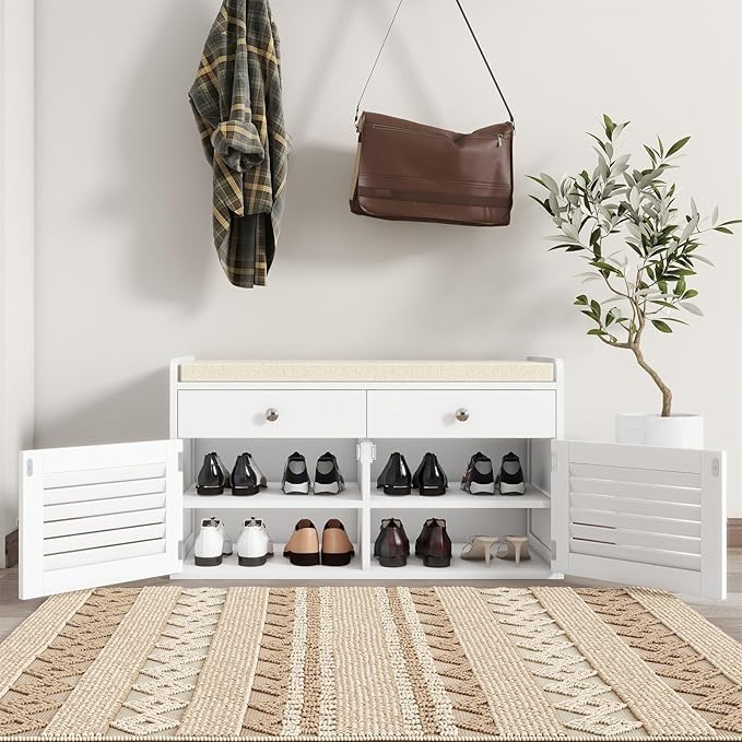 Shoe Storage Bench with Cushion, Shoe Bench, Padded Seat, 2 Drawer Storage, Entryway, Hold up to 300lbs, 15.8 x 32.29 x 18.1 Inches, White