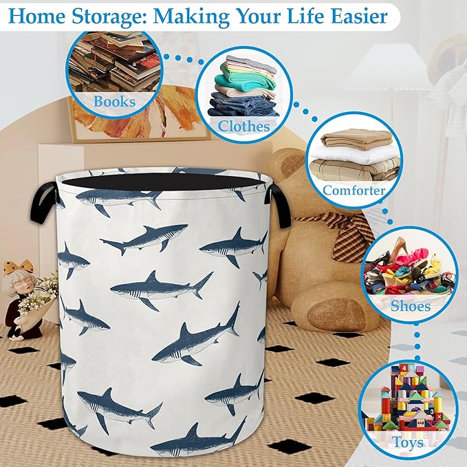 Blue Shark Ocean Laundry Basket Collapsible Laundry Hamper with Handle, Portable Clothes Toy Storage Bin for Bathroom Bedroom Room Decor, Gift Basket 16" X 20.8"