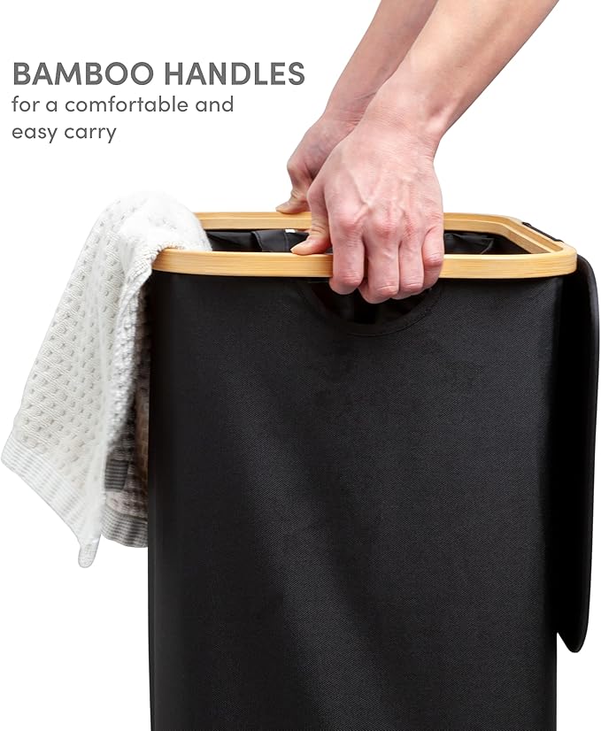 QUALIAZERO 120L Dual Laundry Hamper with Lid – 2-Section Bamboo Frame Hamper with Removable Bags & Easy-Lift Cover, Large Capacity for Families, Bathroom or Bedroom (ONYX BLACK, DUAL)