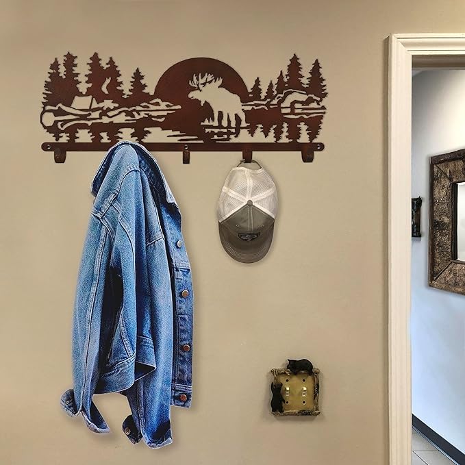 Rivers Edge Products Decorative Metal Wall Mount Hat Rack and Coat Rack, 5 Heavy Duty Wall Hooks, Rustic and Weathered Laser Cut Steel, Room Decor and Home Decor, 13 by 32 Inches, Moose Scene